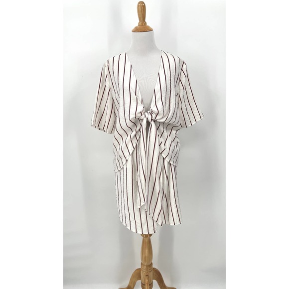 Sabo Skirt Dresses & Skirts - SABO SKIRT Dress Womens Medium White Brown Striped Short Sleeve Tie Front NWT
